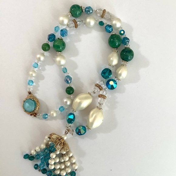 Vintage pearl and rhinestone tassel necklace with box clasp - Picture 1 of 7